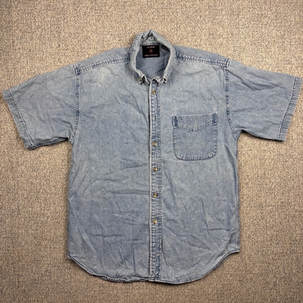 Vintage Coliseum World Explorer Denim Shirt Men's S/P Short Sleeve Button Up 90s